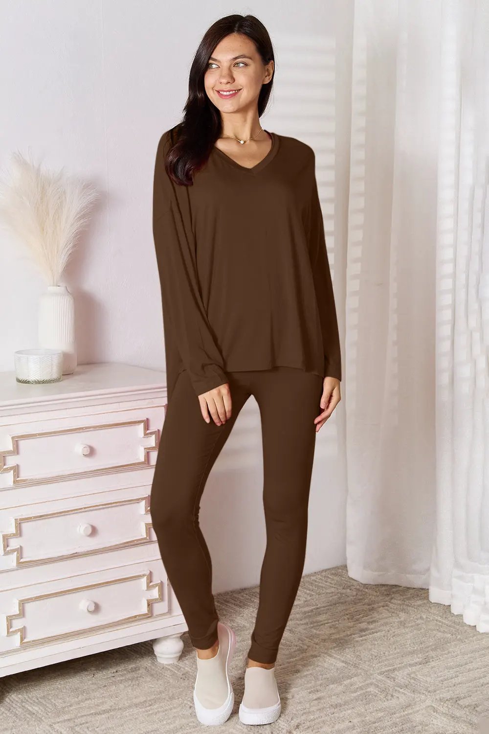 Basic Bae Full Size V-Neck Soft Rayon Long Sleeve Top and Pants Lounge Set by Basic Bae