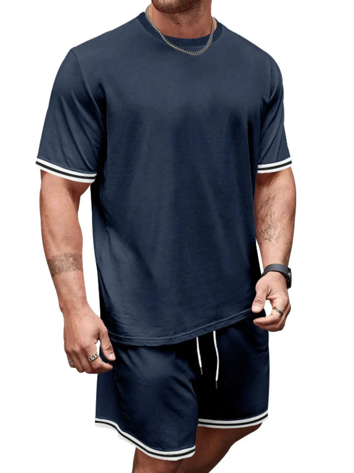 Men's Full Size Striped Short Sleeve Tee and Shorts Set Plus Size by Trendsi