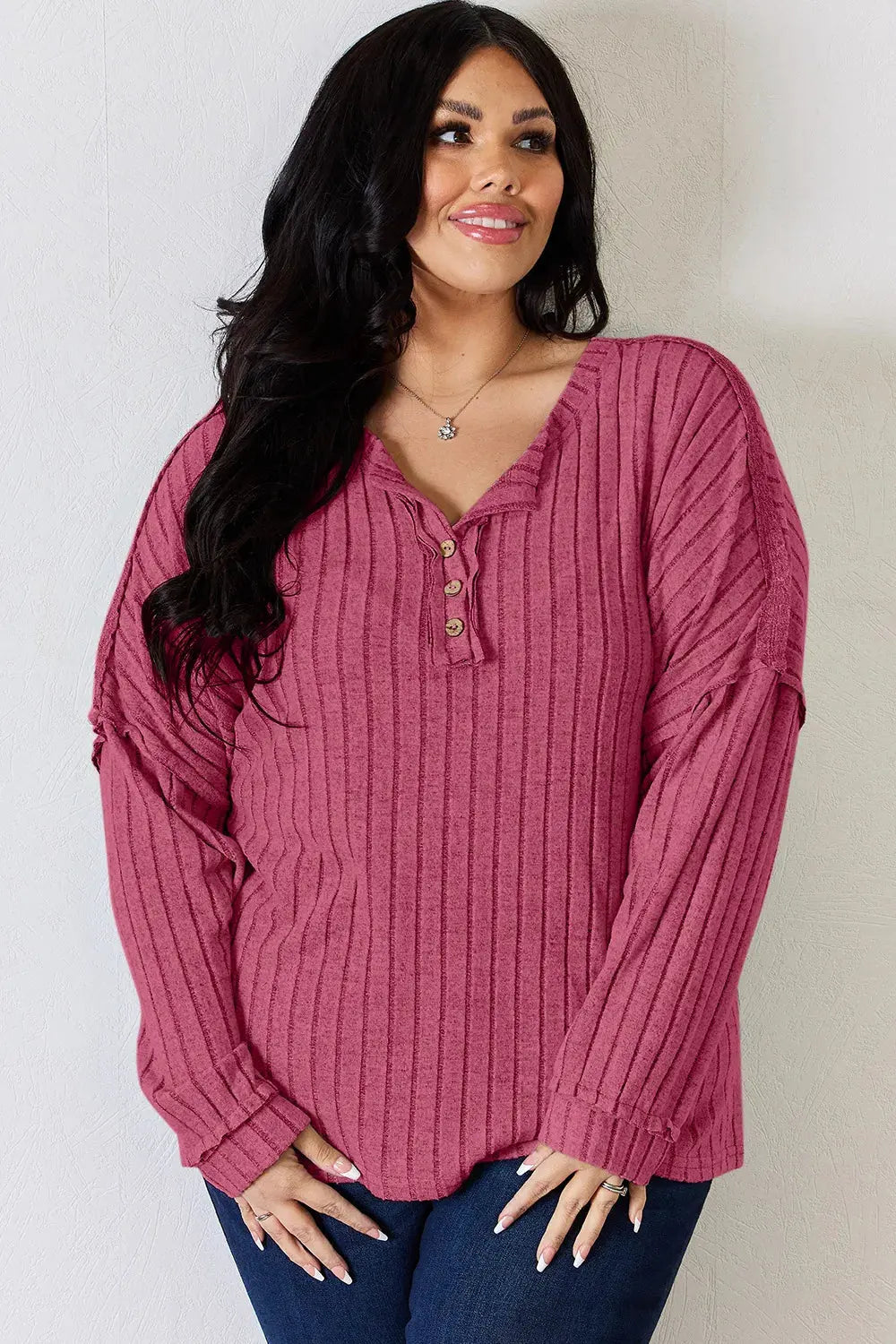 Basic Bae Full Size Ribbed Half Button Long Sleeve T‑Shirt | Partner Labels Selection by Partner Label