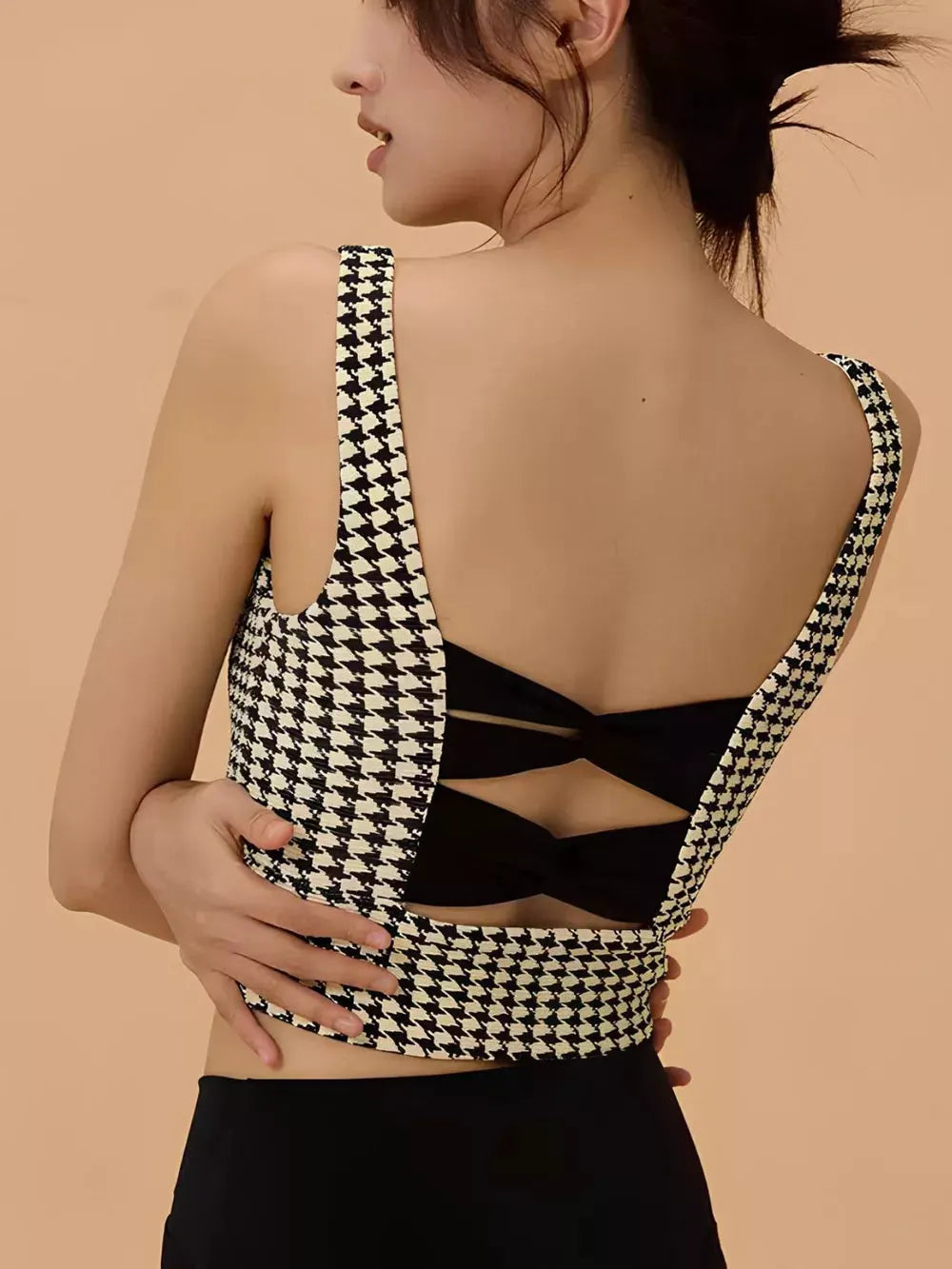 Crisscross Back Houndstooth Active Bra by Partner Label