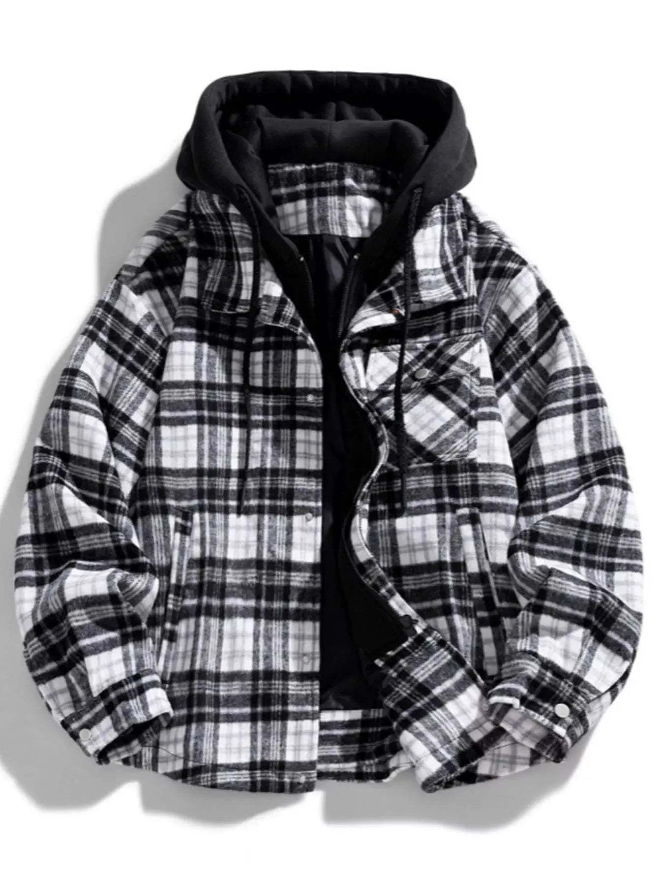 Men's Plus Size Drawstring Hooded Plaid Shirt Jacket by Partner Label