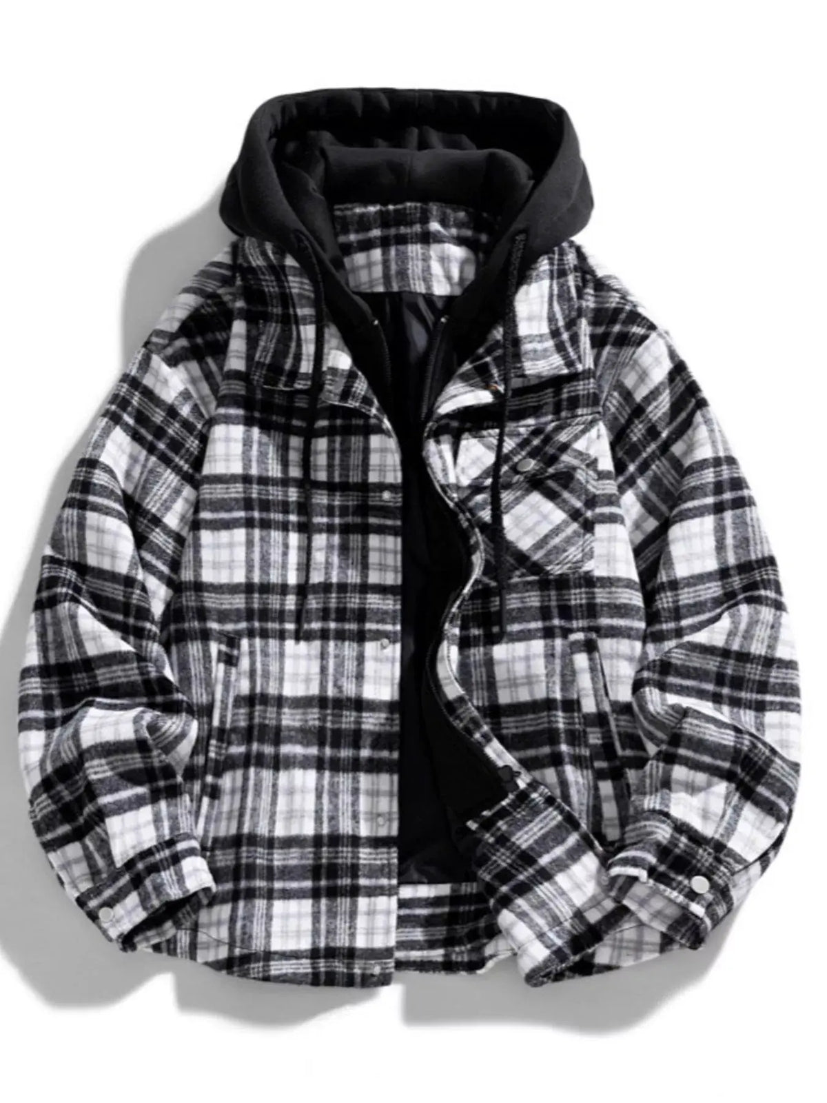 Men's Plus Size Drawstring Hooded Plaid Shirt Jacket by Partner Label