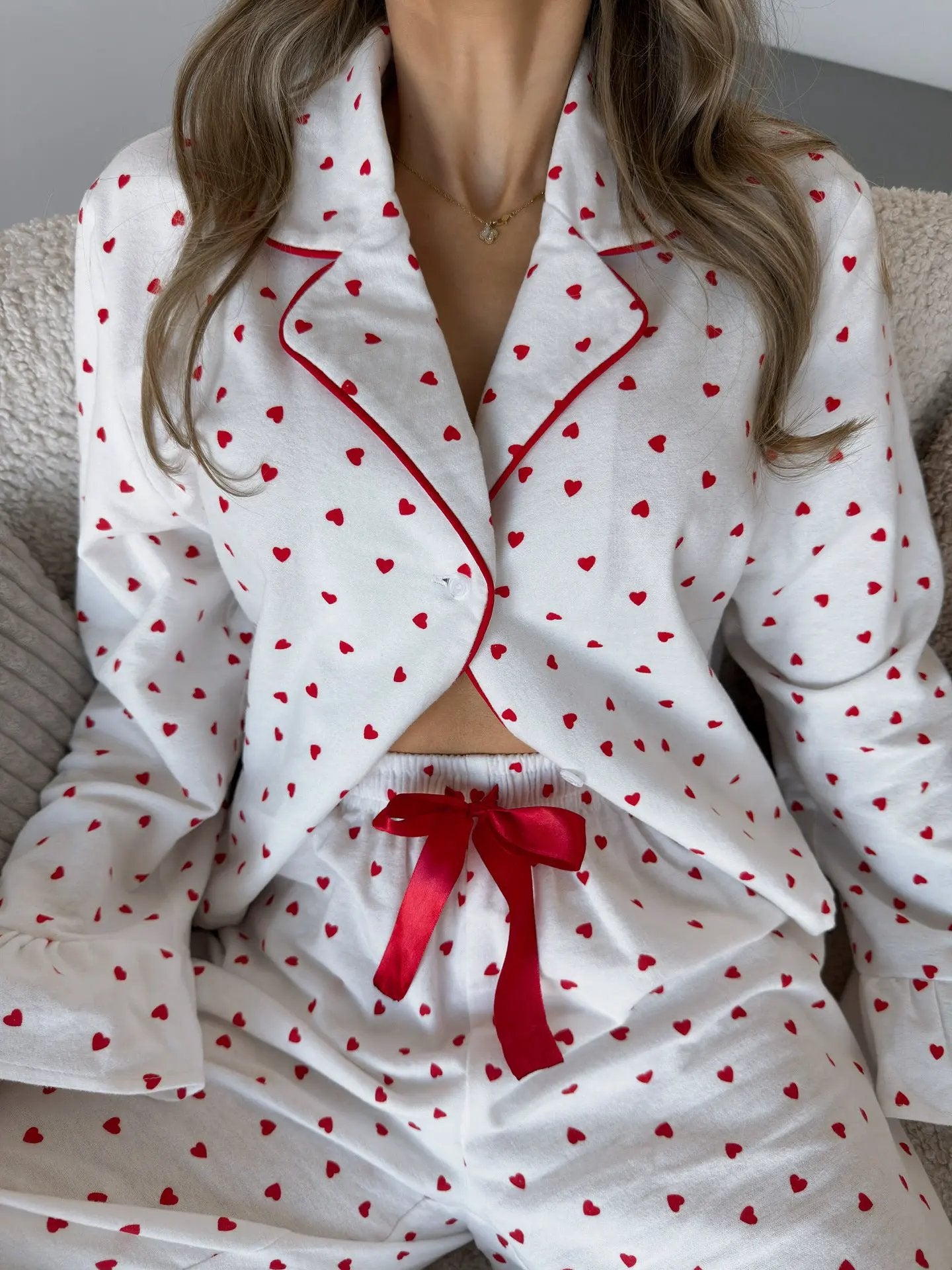 Heart Print Long Sleeve Top and Pants Lounge Set by Partner Label