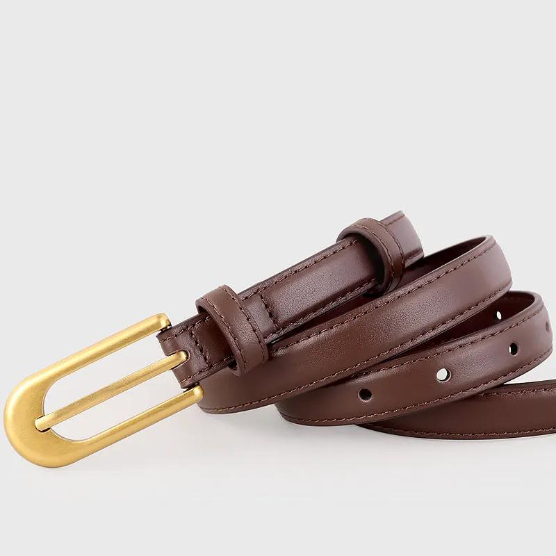 Gold Buckle Skinny Leather Belt by Trendsi