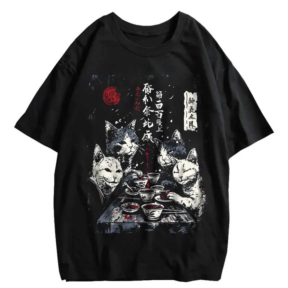 Japanese Cat Cartoon Graphic Baggy T-Shirt Men Streetwear by Vimost Shop