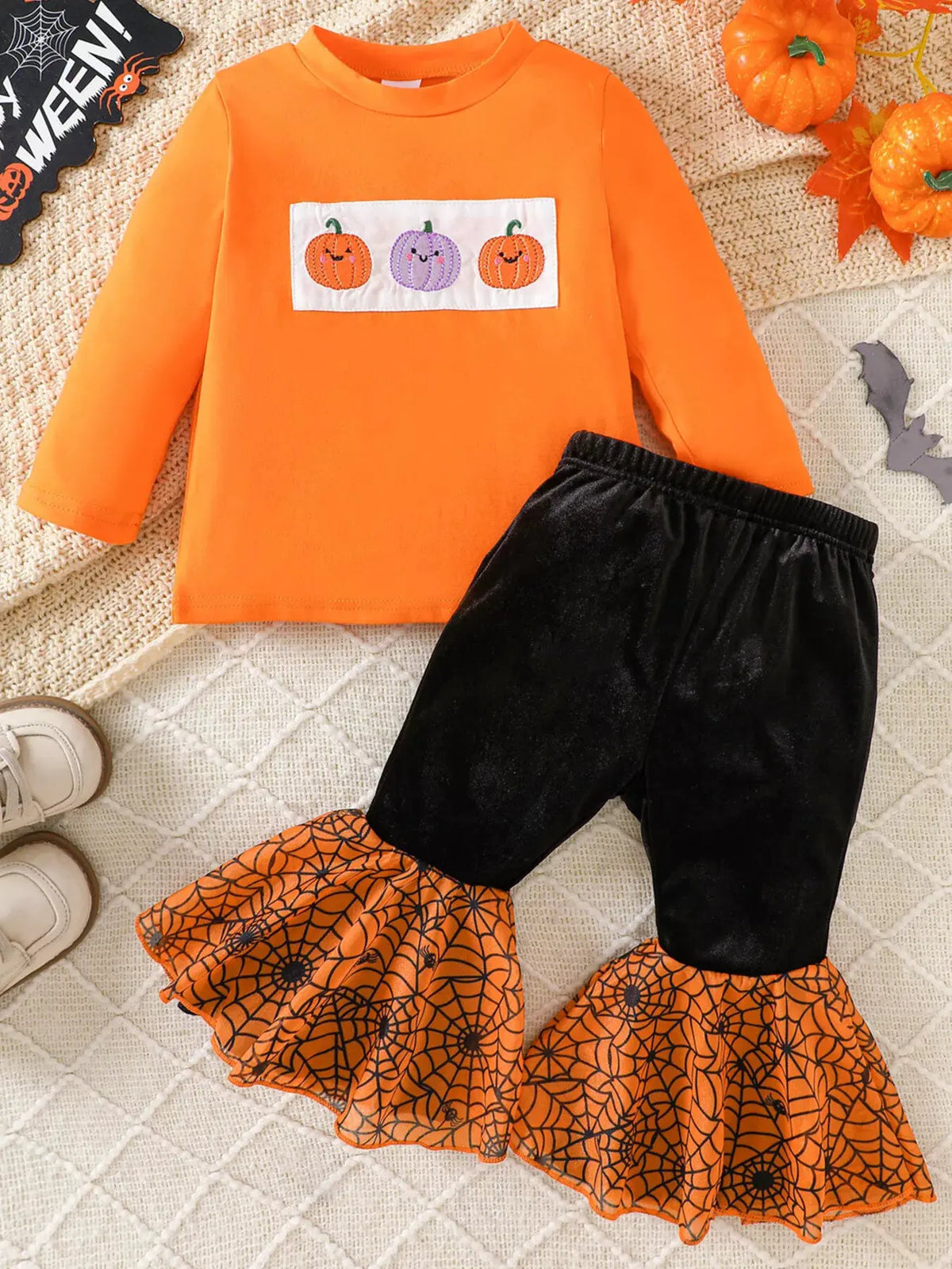 Children's Halloween Pumpkin Long Sleeve Top and Spiderweb Bell Bottom Set by Trendsi