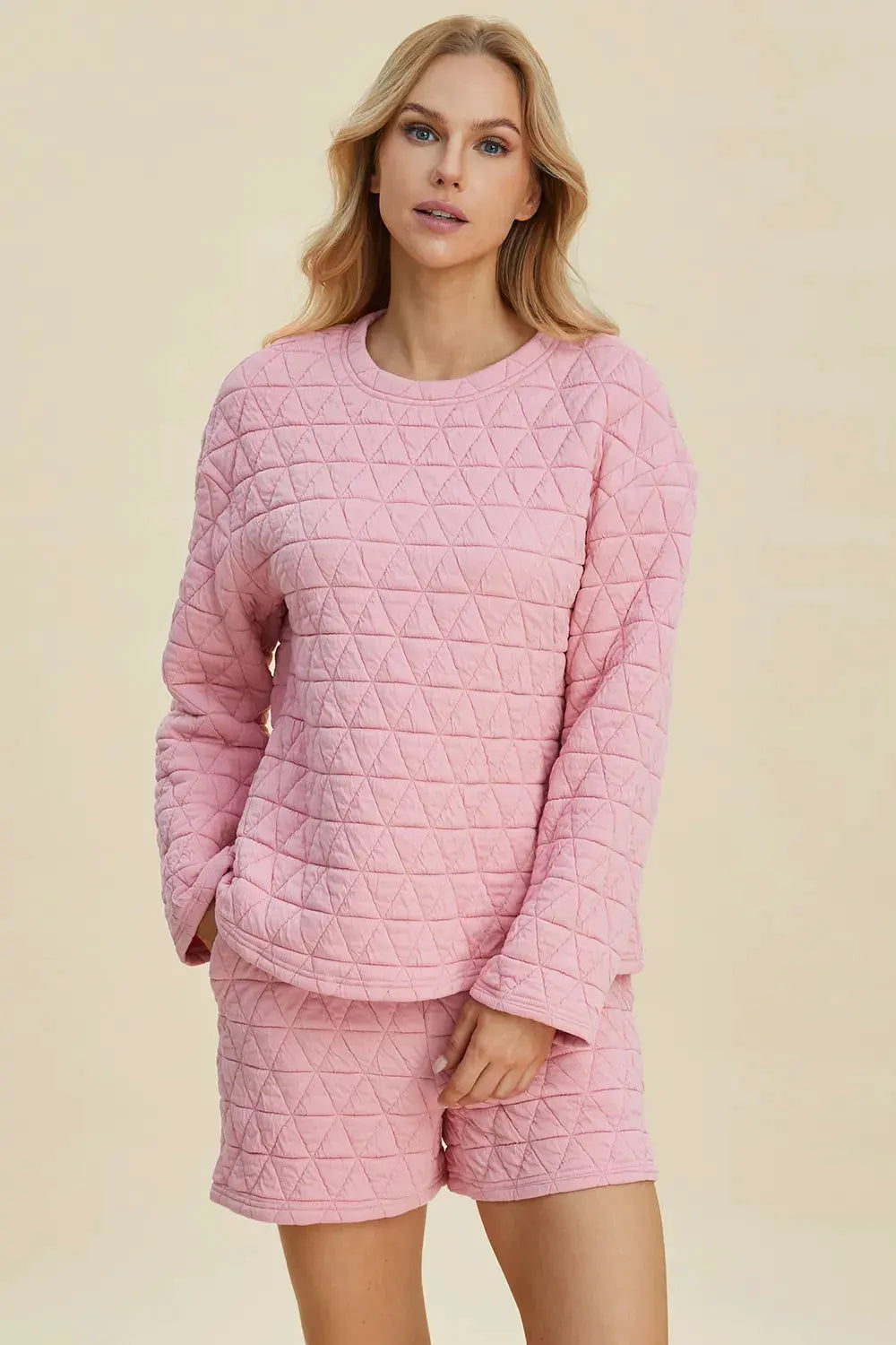 Double Take Full Size Texture Round Neck Long Sleeve Top and Shorts Set by Double Take