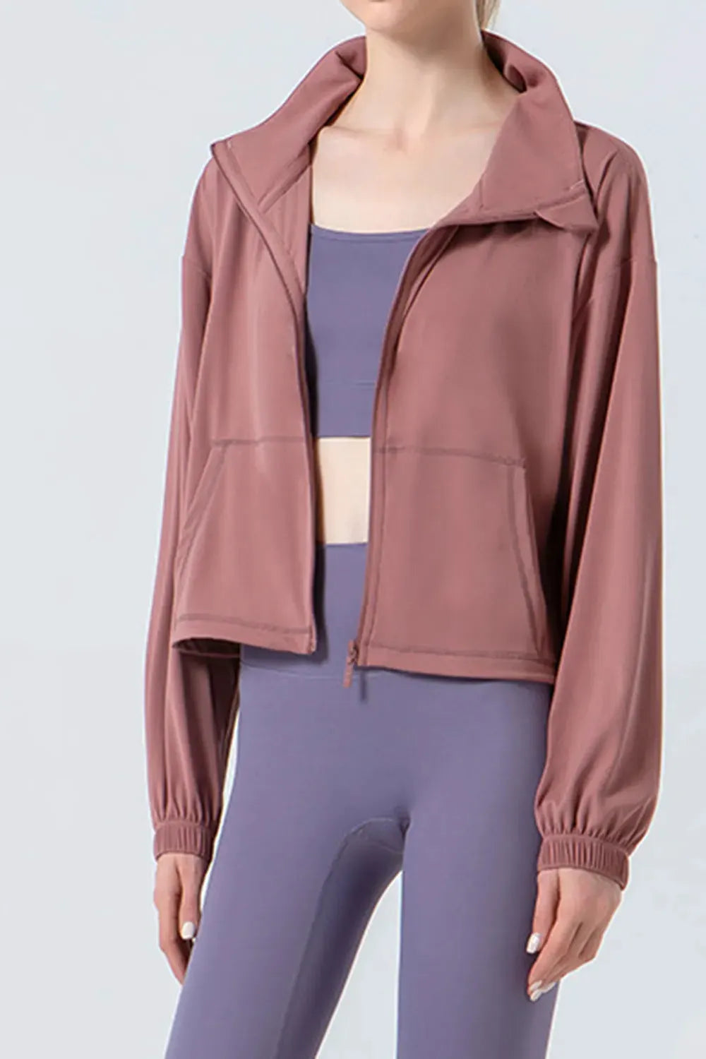 Drawstring Zip Up Dropped Shoulder Active Outerwear by Partner Label