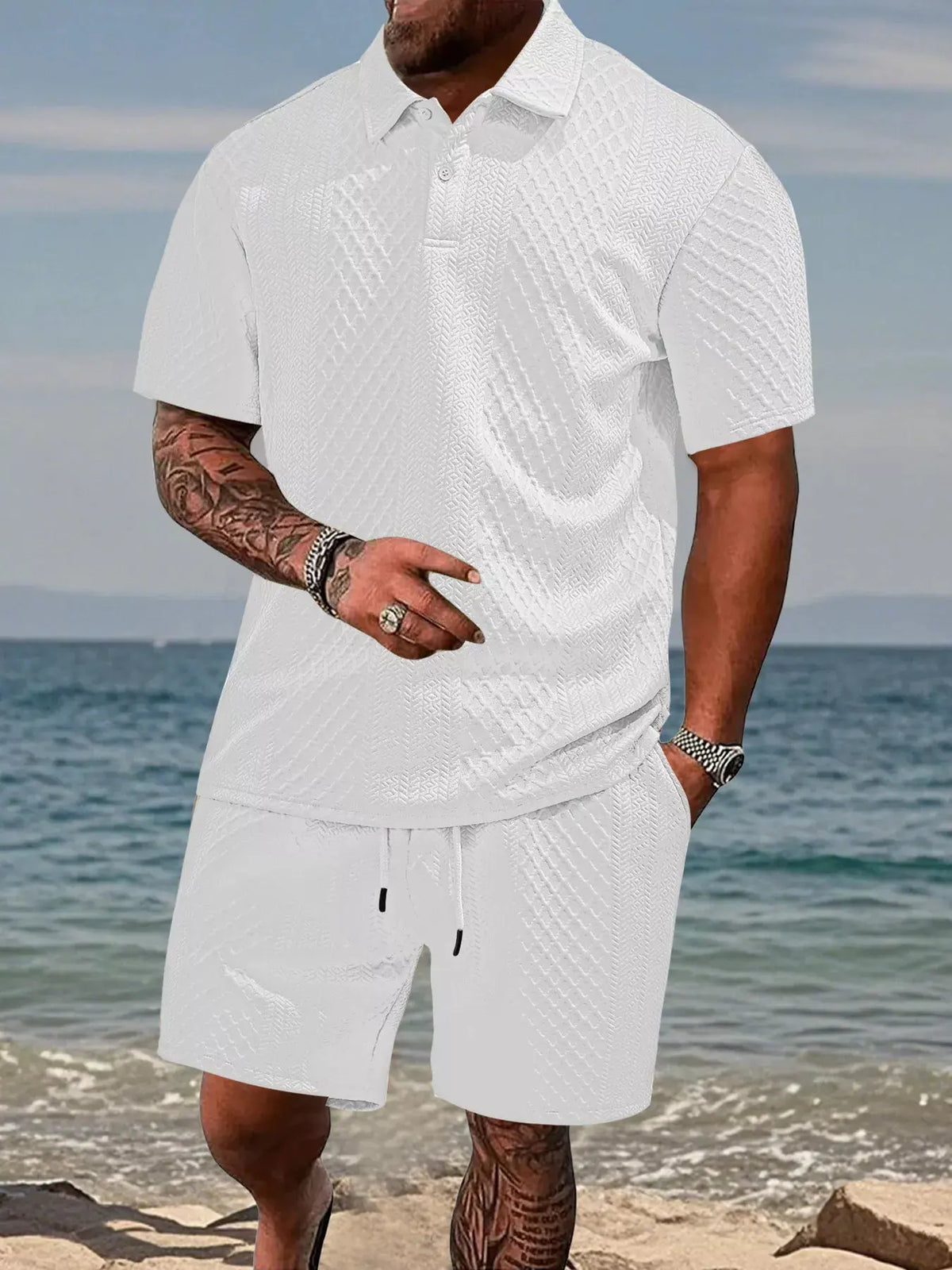 Men's Full Size Textured Knit Polo Shirt & Shorts Set Plus Size by Trendsi