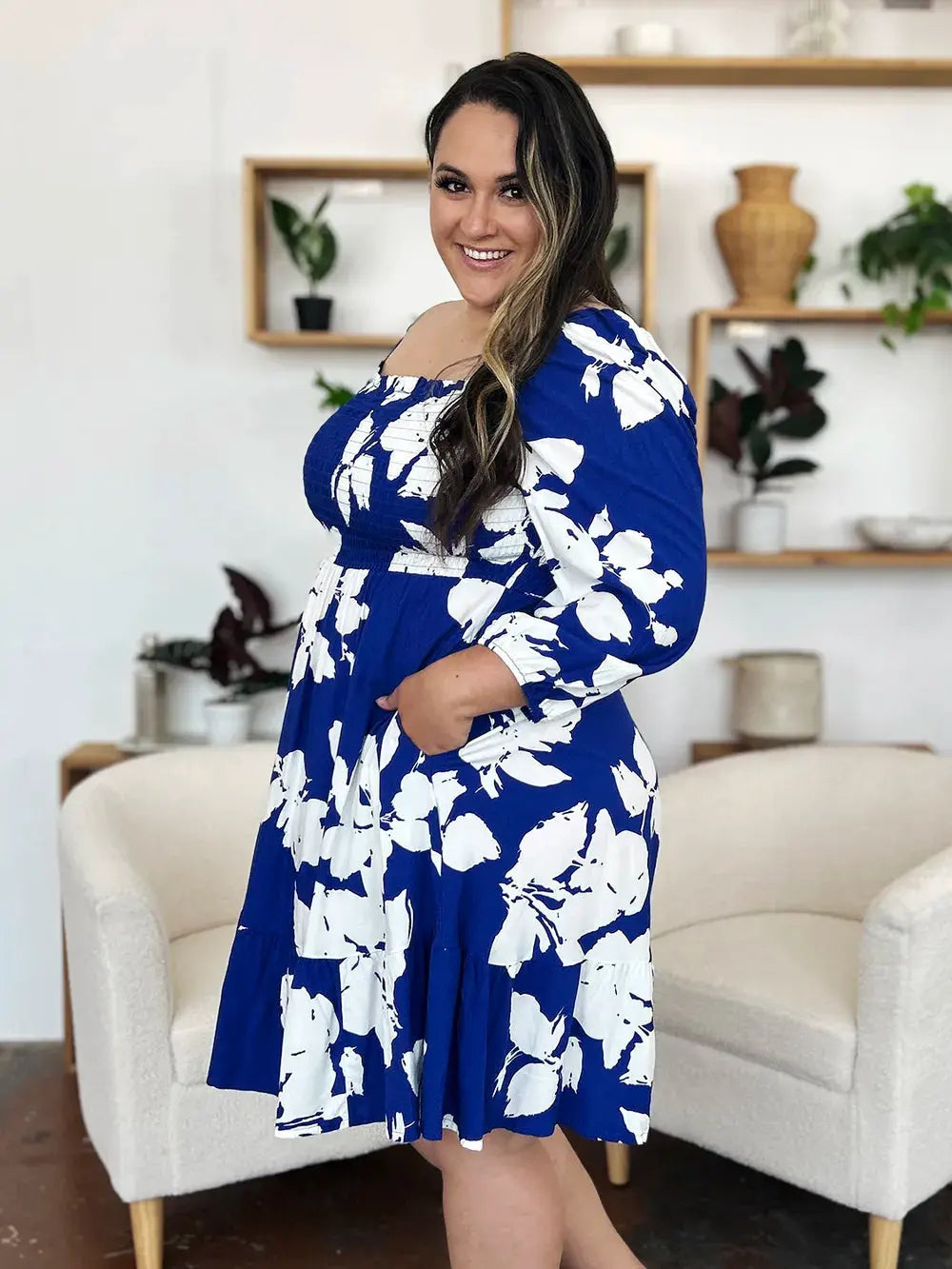 Double Take Full Size Floral Ruffle Hem Smocked Dress with Pockets by Double Take