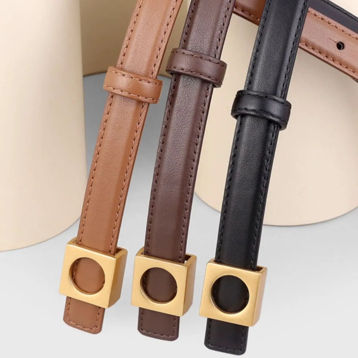 Square Buckle Skinny Leather Belt by Trendsi