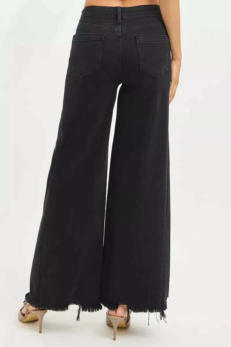 RISEN Tummy Control High Rise Palazzo Leg Frayed Hem Jeans by RISEN
