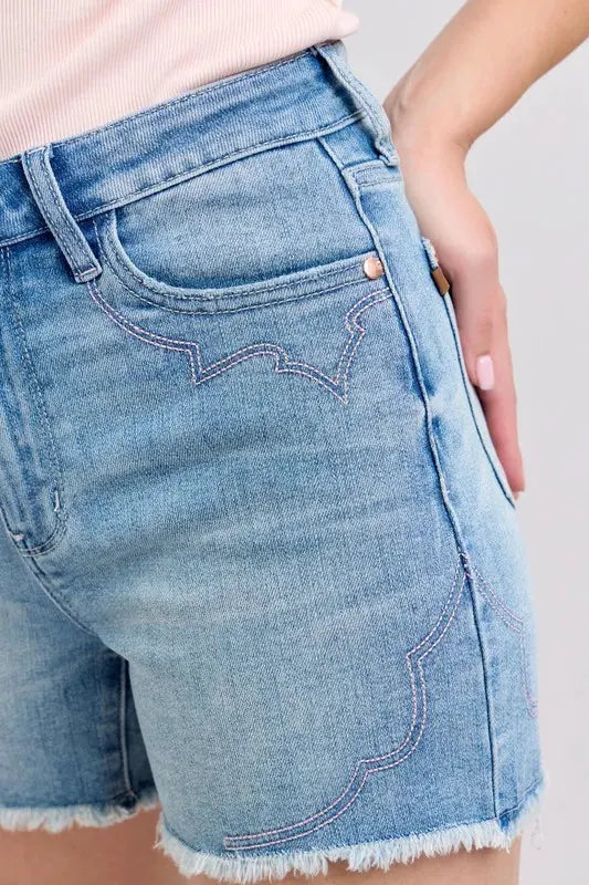 Judy Blue Full Size High Waist Western Embroidery Detail Cut Off Denim Shorts Plus Size by Judy Blue