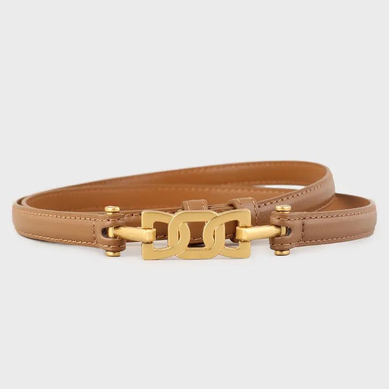Gold Buckle Skinny Leather Belt by Trendsi