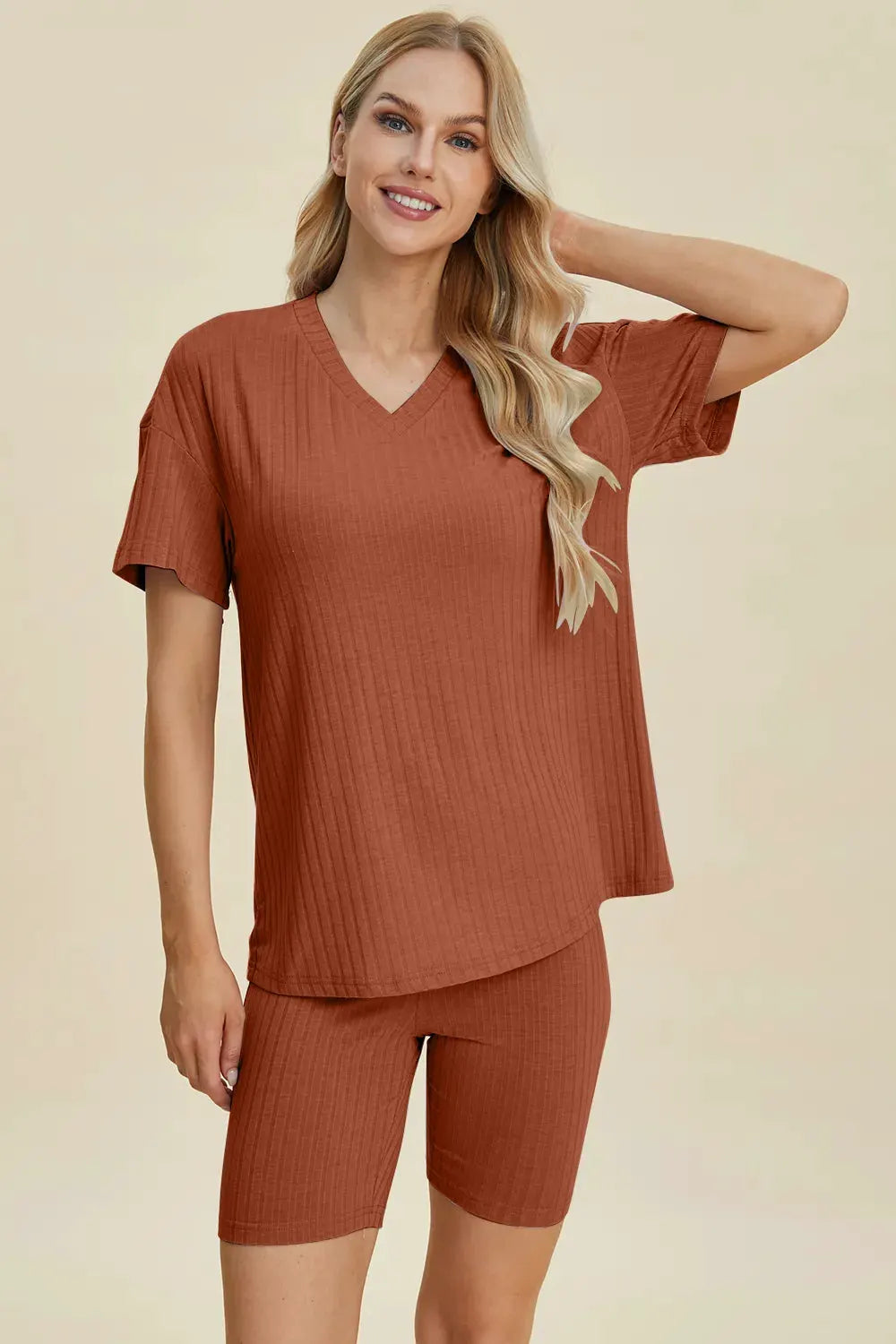 Basic Bae Full Size Ribbed V-Neck Short Sleeve Top and Shorts Set by Basic Bae