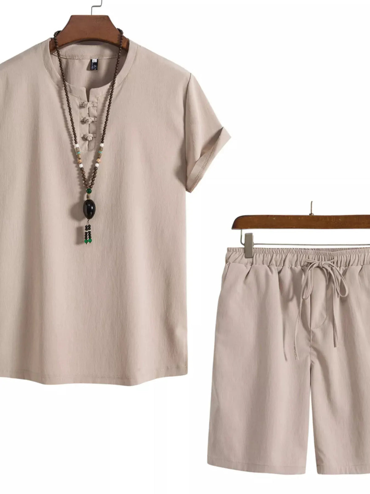 Men's Plus Size Mandarin Collar Short Sleeve Shirt and Shorts Set by Trendsi