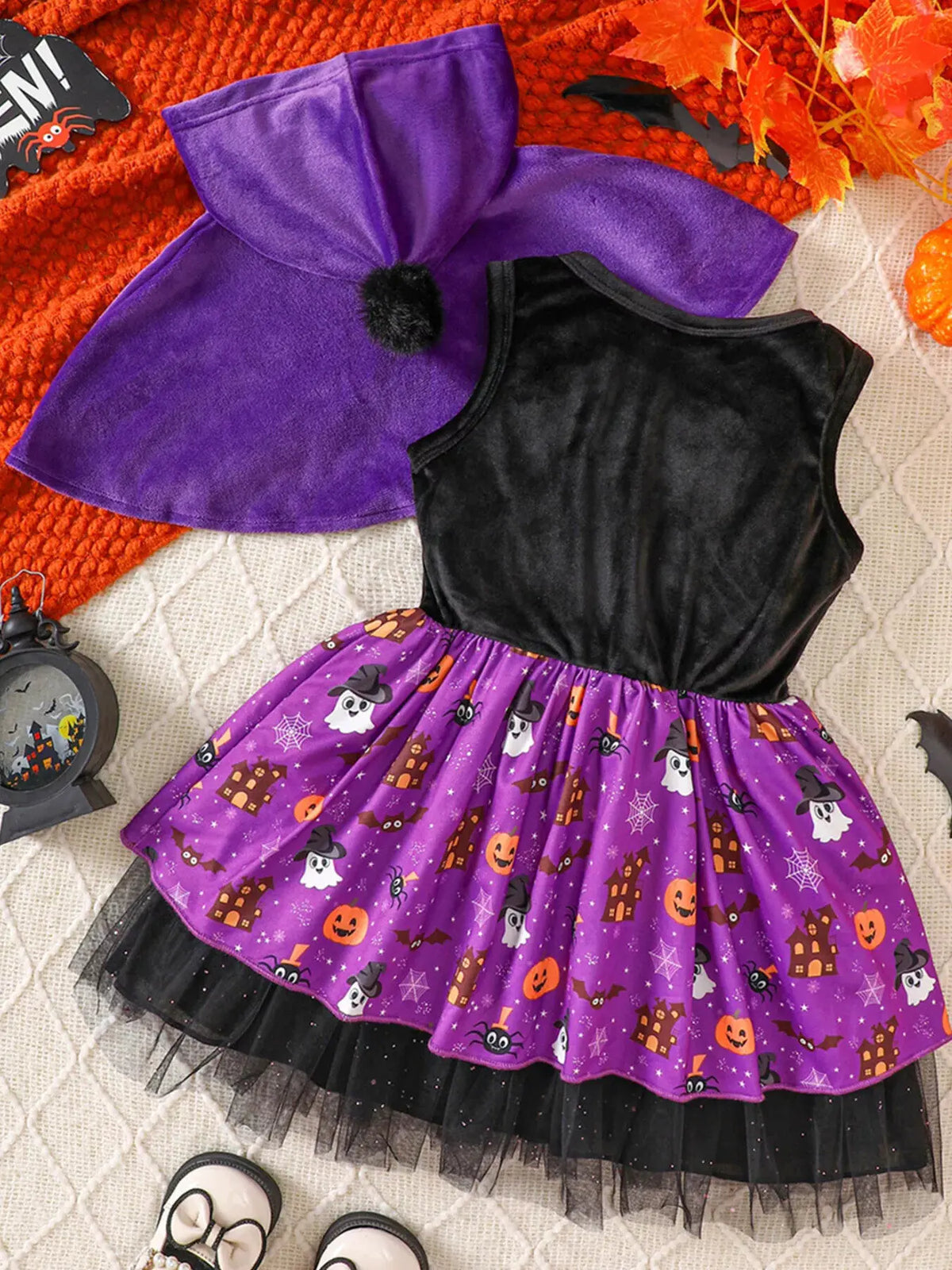Children's Halloween Hooded Cape and Printed Dress Witch Costume Set by Trendsi