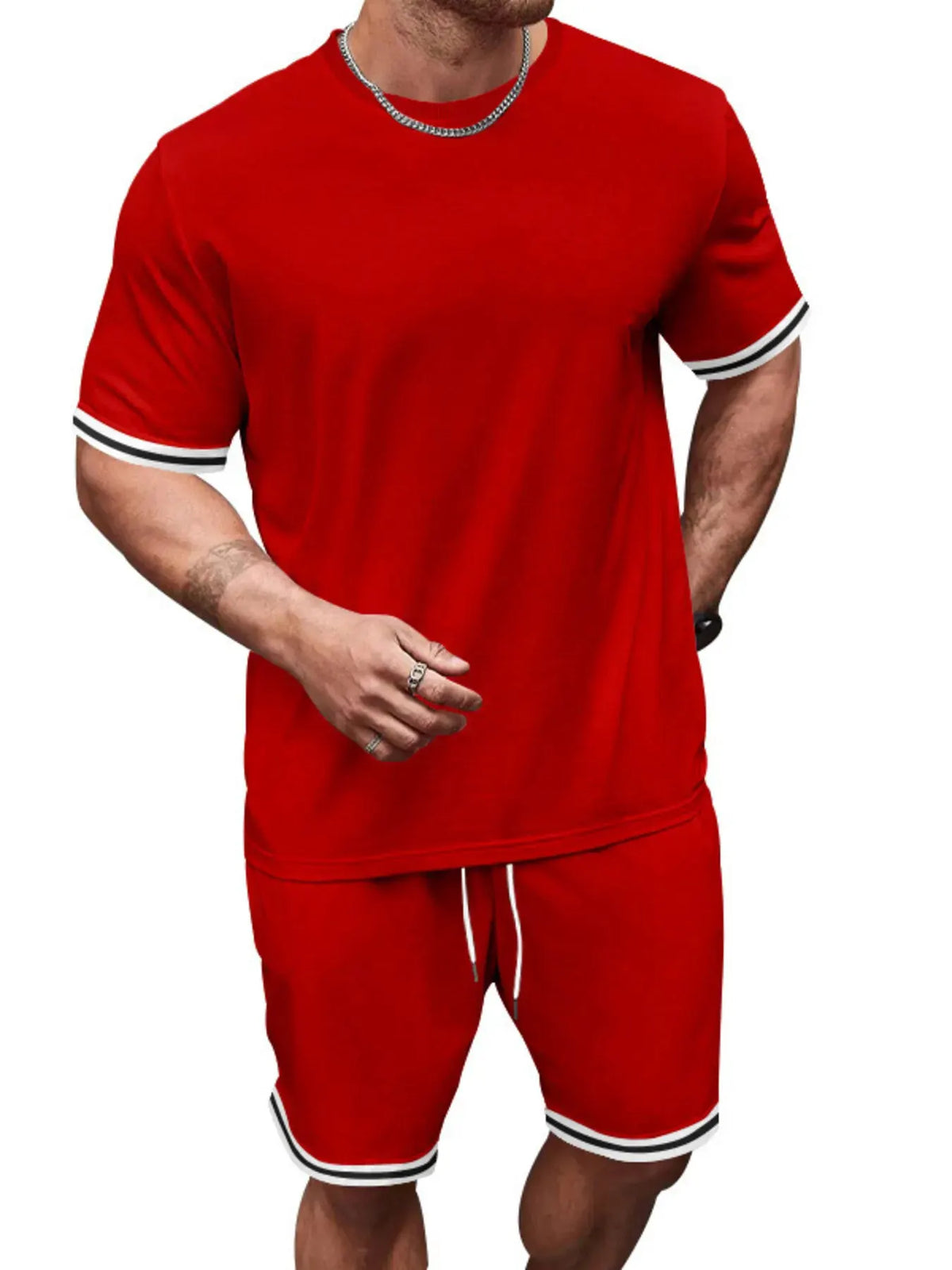 Men's Full Size Striped Short Sleeve Tee and Shorts Set Plus Size by Trendsi