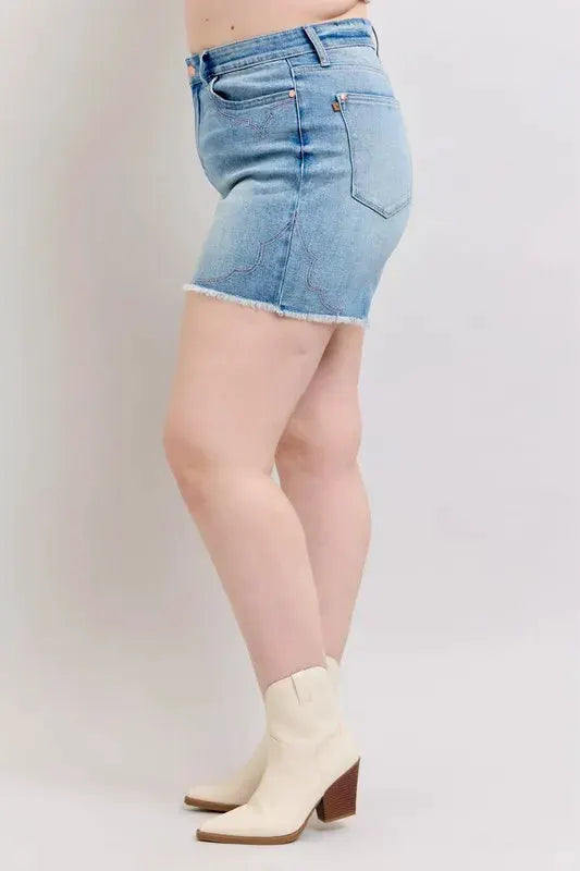 Judy Blue Full Size High Waist Western Embroidery Detail Cut Off Denim Shorts Plus Size by Judy Blue