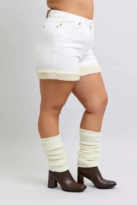 Judy Blue Full Size High Waist Shearling Cuff Denim Shorts Plus Size by Judy Blue