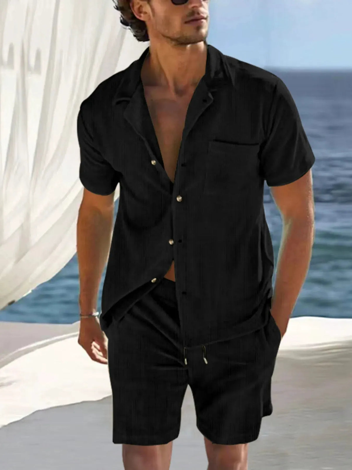 Men's Full Size Button Detail Short Sleeve Top and Shorts Set Plus Size by Trendsi