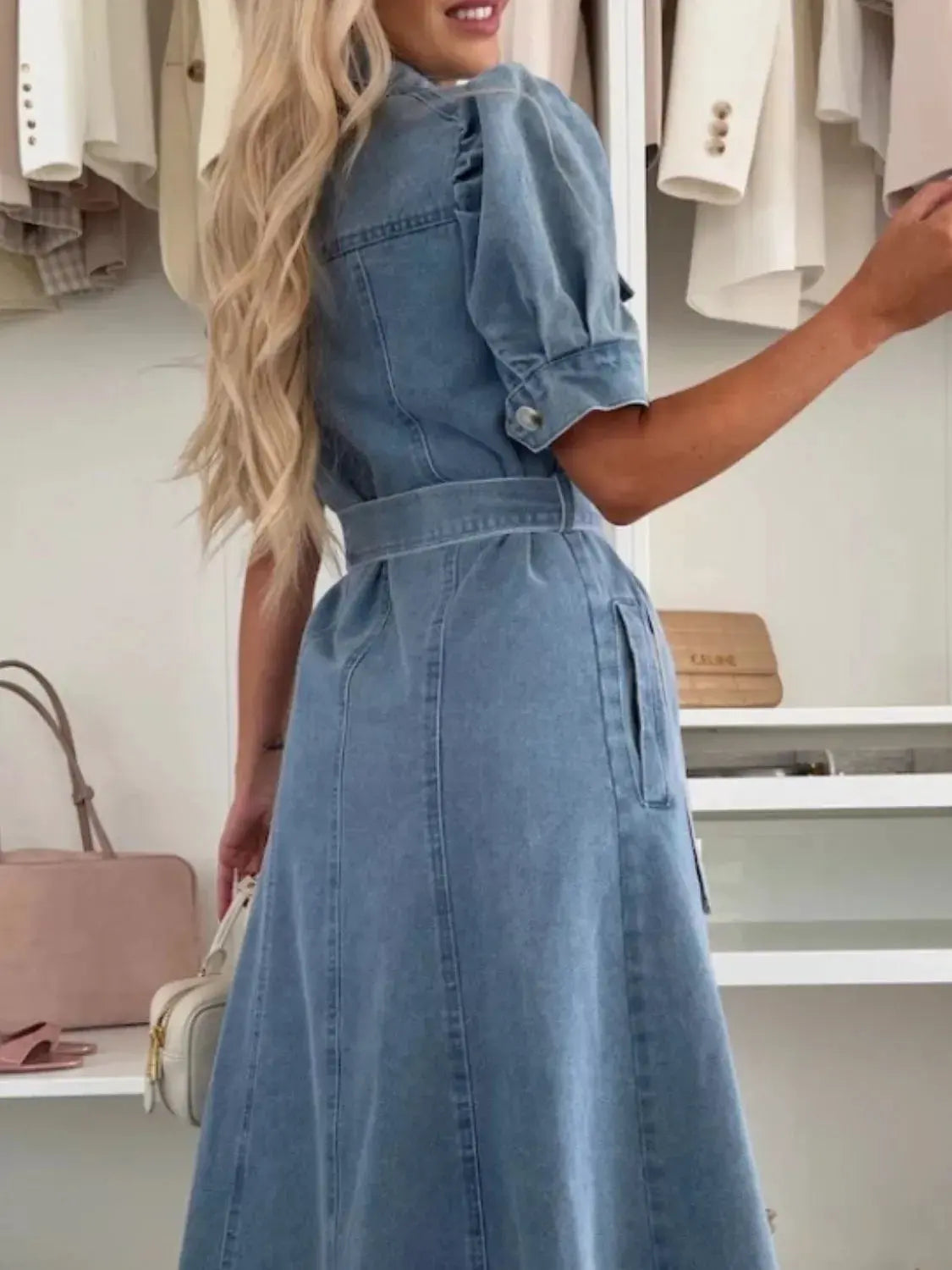 Puff Sleeve Button Down Belted Denim Midi Dress by Partner Label