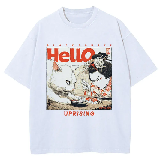 Funny Japanese Cat Print Vintage Cotton T-Shirt by Vimost Shop