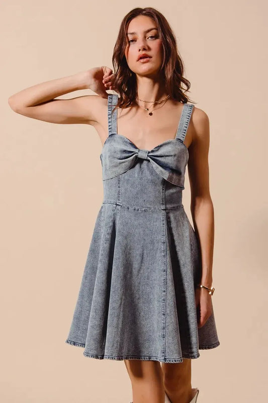 SO ME Mineral Washed Bow Ribbon Denim Flare Dress by Partner Label