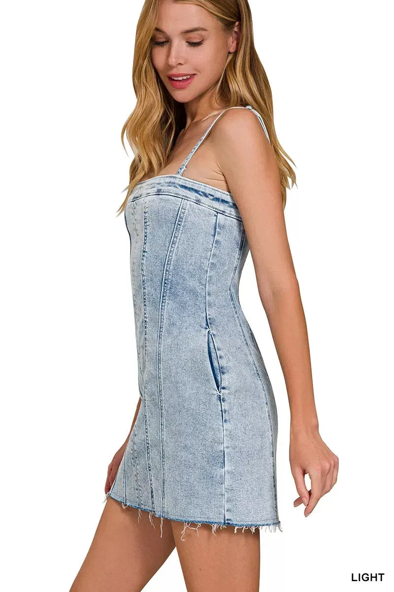 Zenana Spaghetti Strap Exposed Seam Light-Wash Dress by Zenana