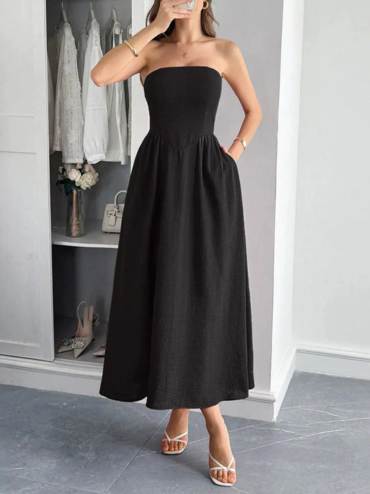 Strapless A-Line Midi Dress with Pockets by Partner Label