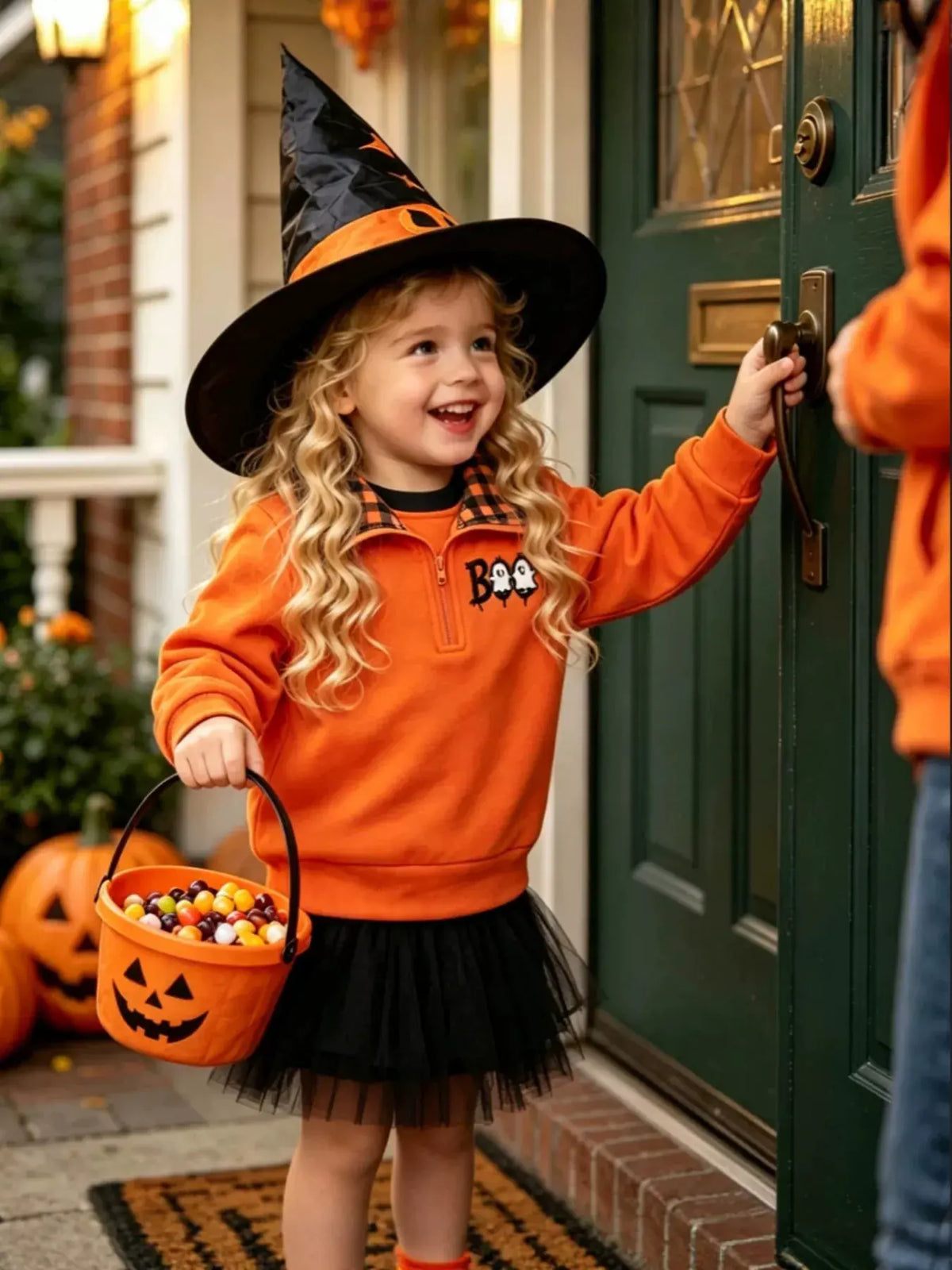 Children's Pumpkin Quarter-Zip Plaid Collar Sweatshirt by Trendsi