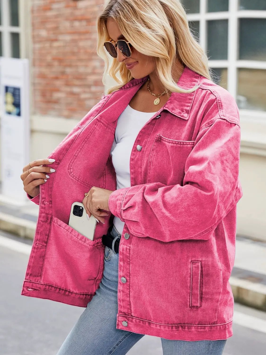 Button Up Denim Jacket with Pockets by Partner Label