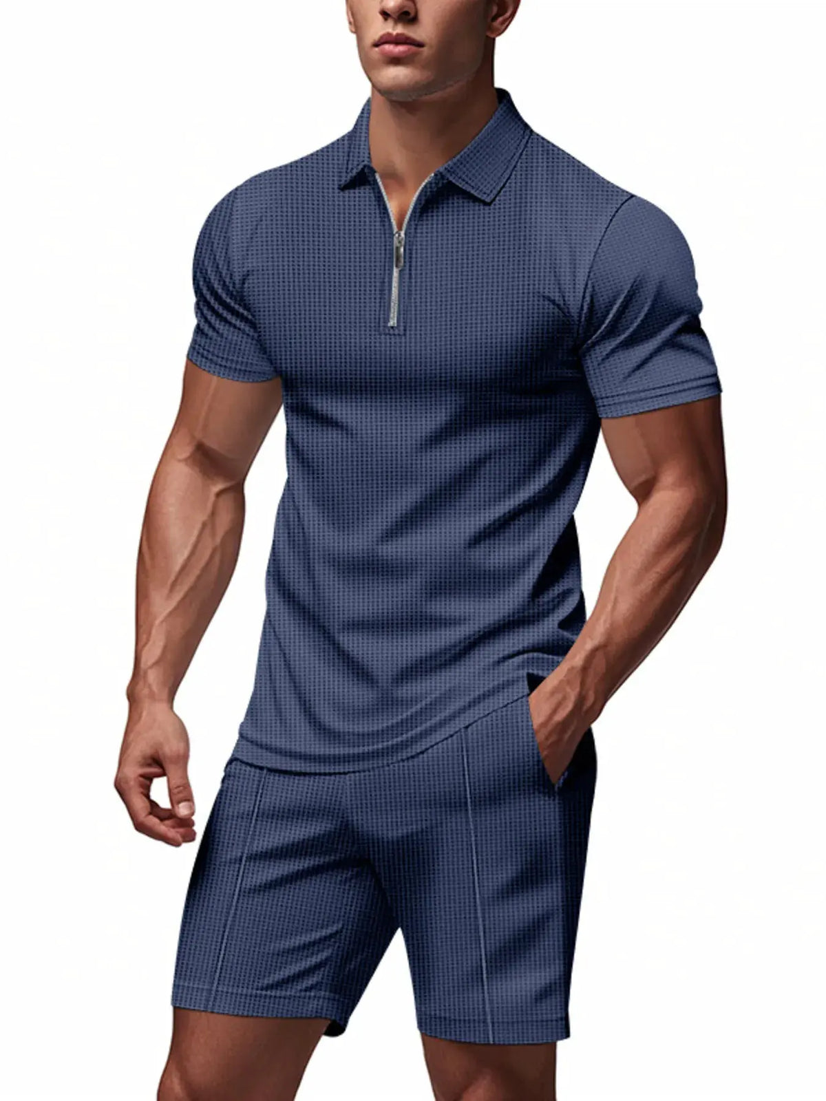 Men's Plus Size Quarter Zip Short Sleeve Top and Shorts Set by Trendsi