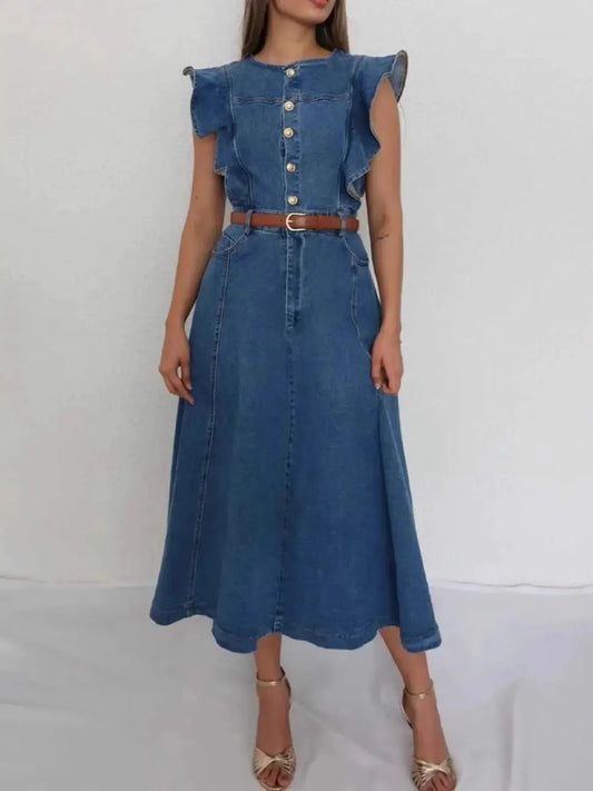 Button-Front Ruffle Sleeve Denim Midi Dress by Partner Label