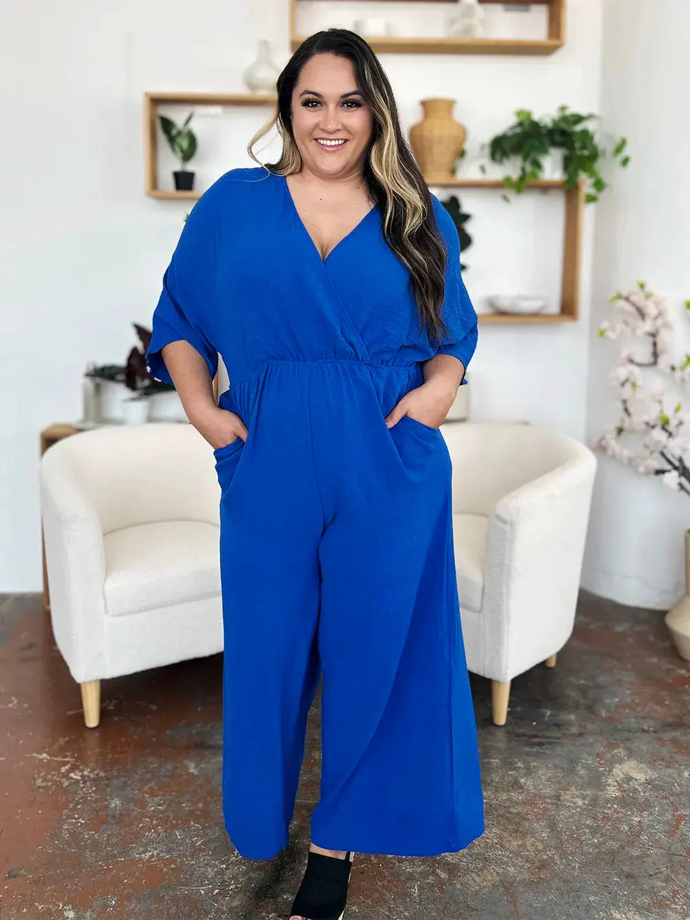 Double Take Full Size Surplice Wide Leg Jumpsuit with Pockets by Double Take