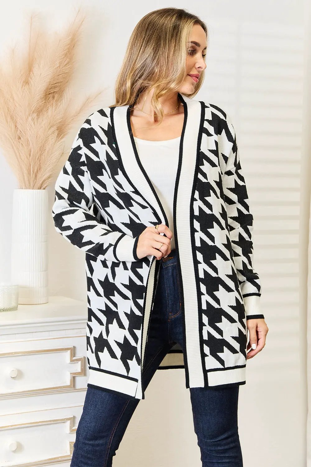 Mandy Woven Right Houndstooth Open Front Longline Cardigan by Woven Right