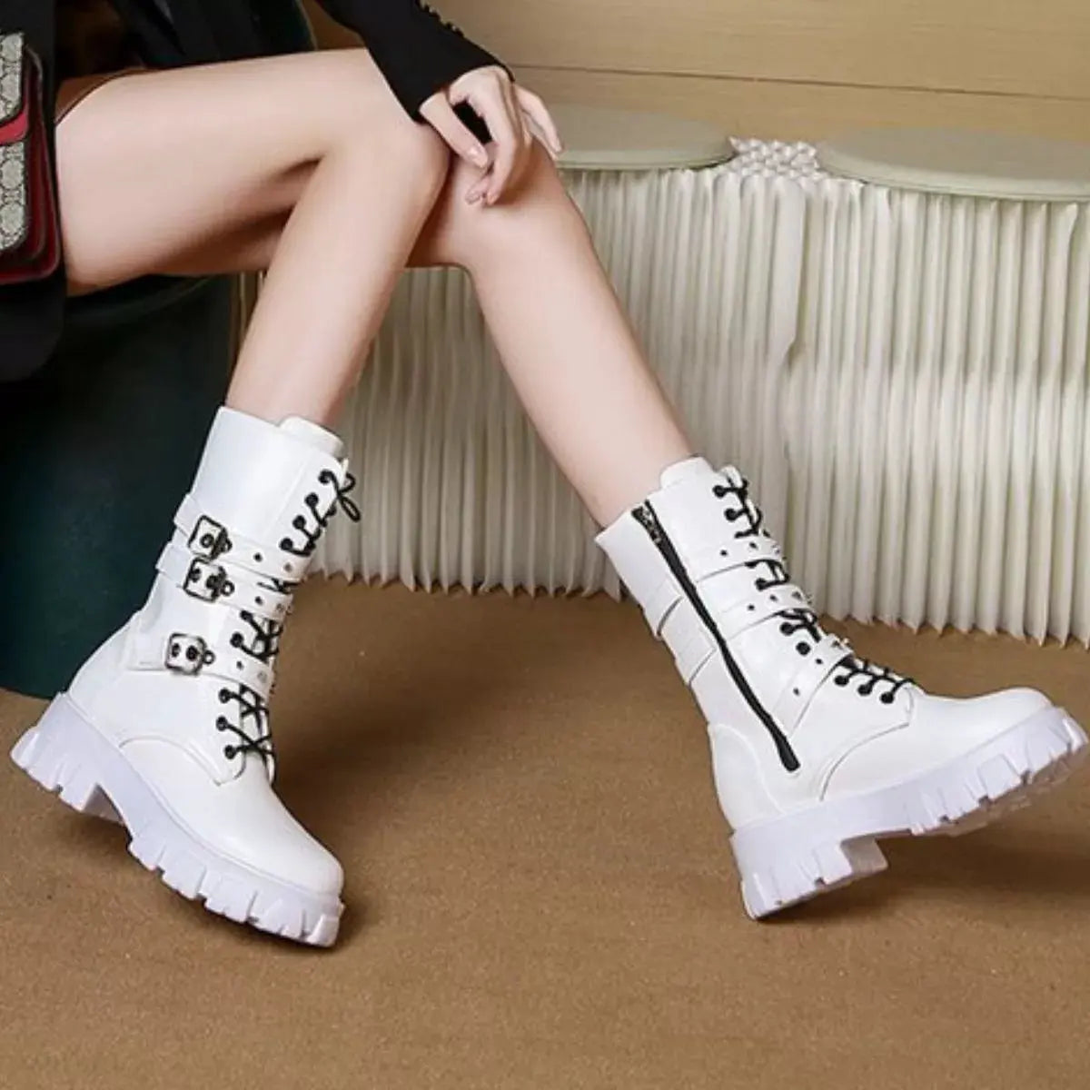 Buckled Lace-Up Combat Boots by Partner Label