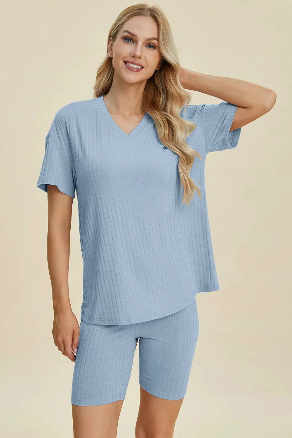 Basic Bae Full Size Ribbed V-Neck Short Sleeve Top and Shorts Set by Basic Bae