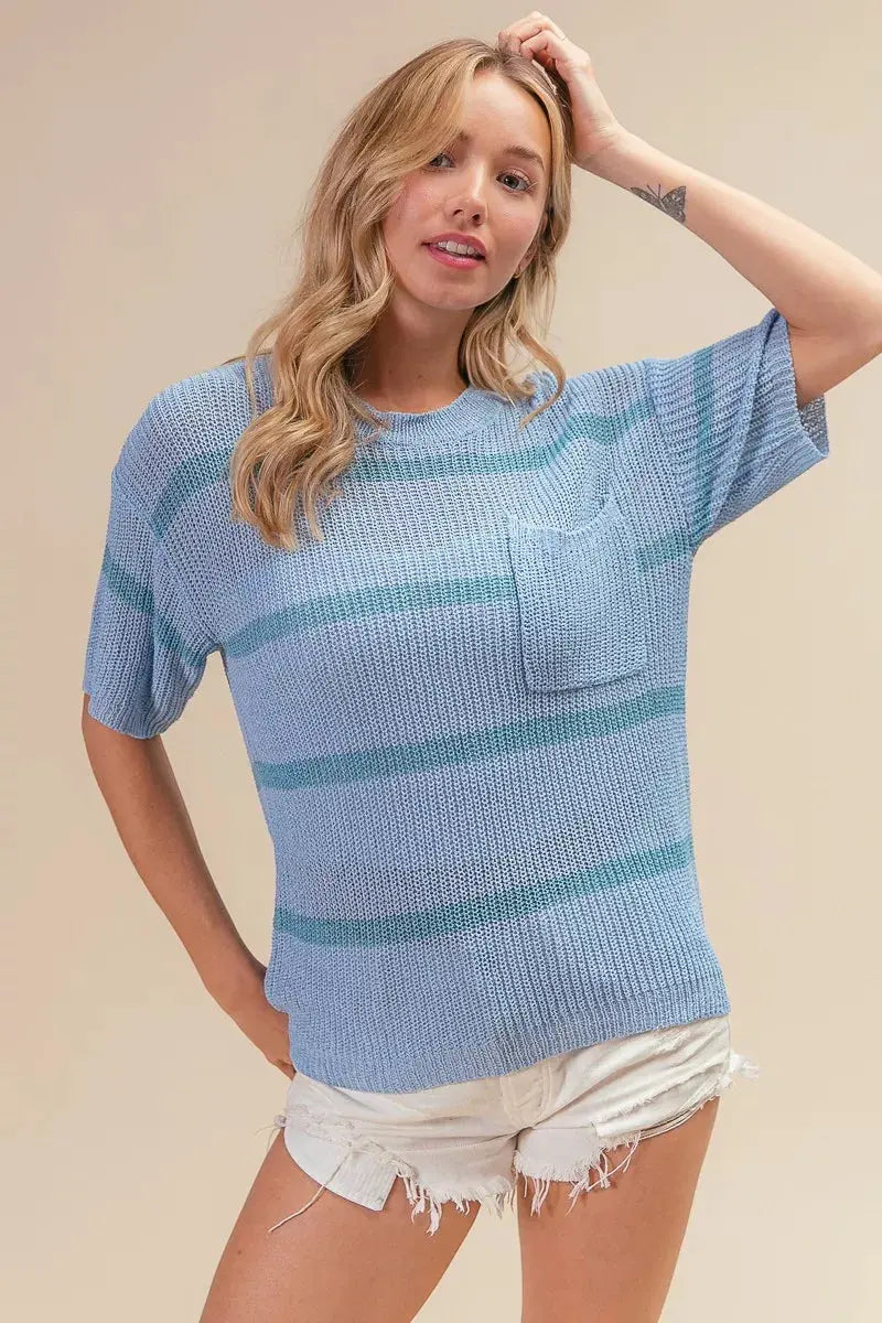 BiBi Patch Pocket Striped Lightweight Sweater Top by BiBi