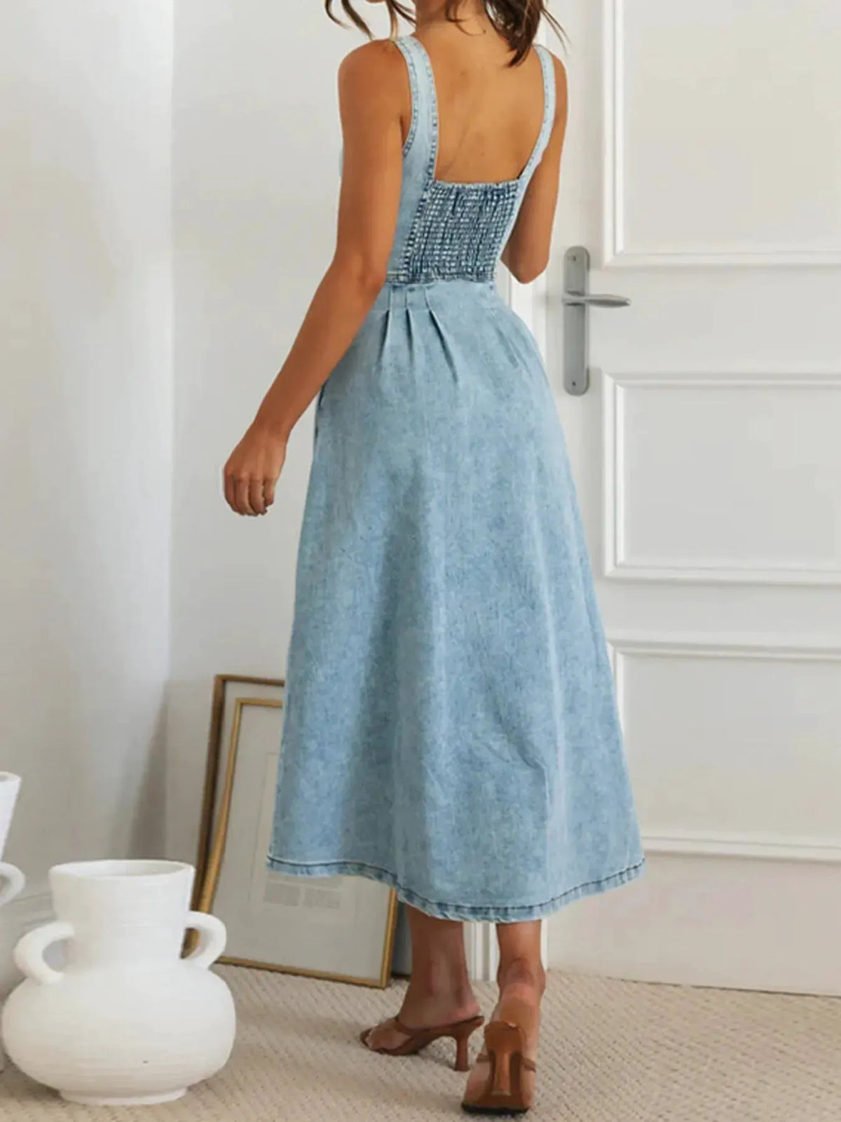 Sweetheart Neck Button-Front Midi Denim Dress by Partner Label