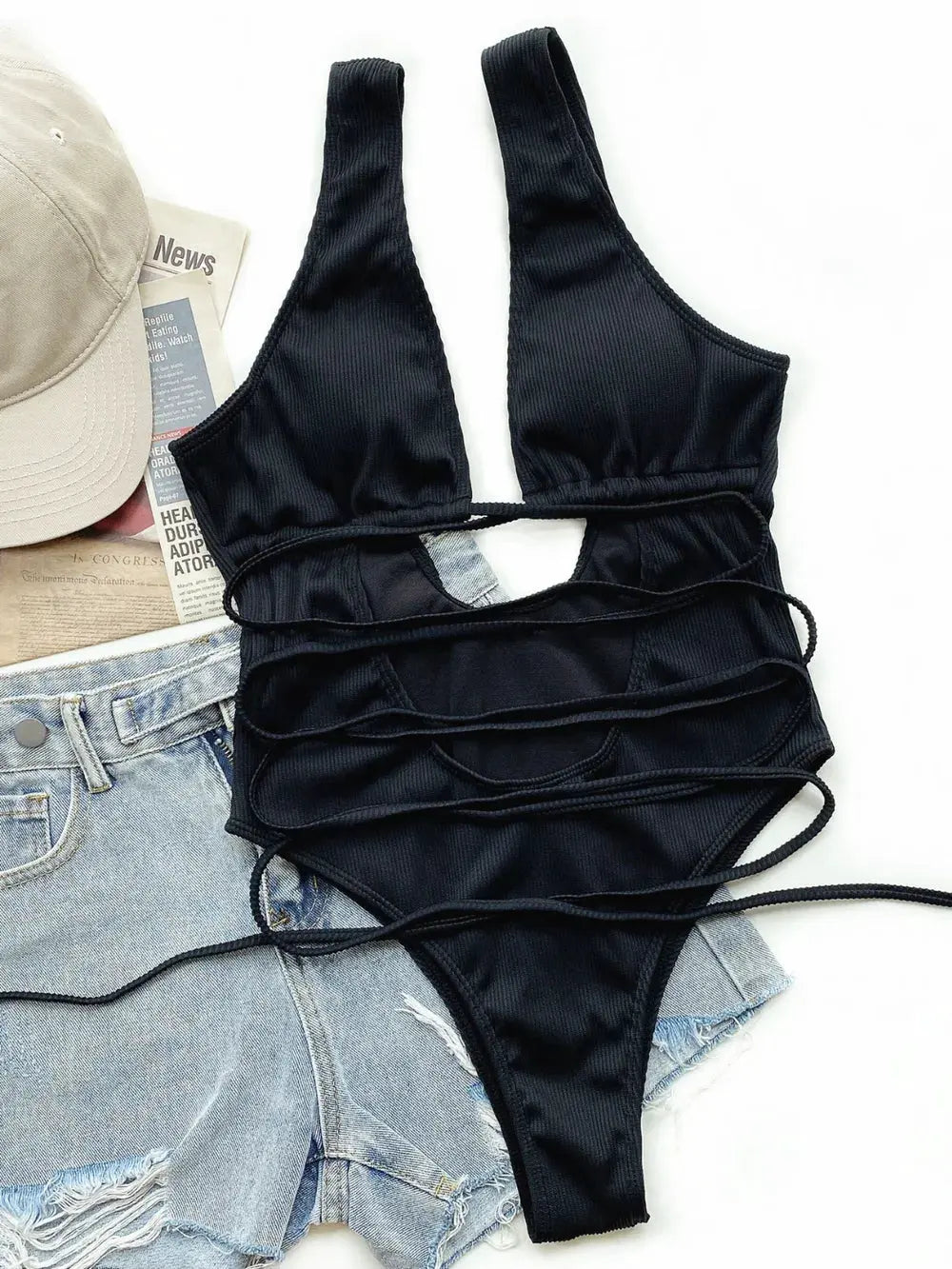 Ribbed Lace Up One-Piece Swimsuit by Partner Label