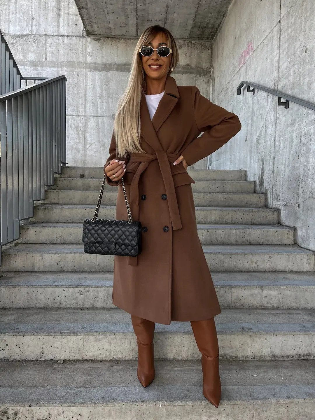 Double-breasted Lapel Split Jacket With Belt Winter Fashion Casual Long Sleeve Button Daily Coats For Women Clothing by Maiden-Art