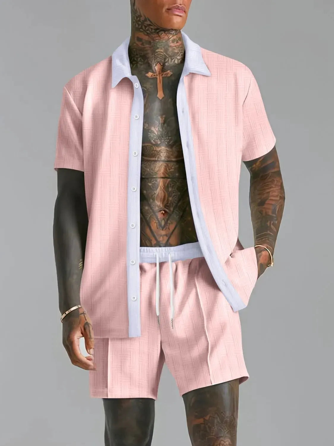 Men's Full Size Collared Neck Short Sleeve Top and Shorts Set Plus Size by Trendsi