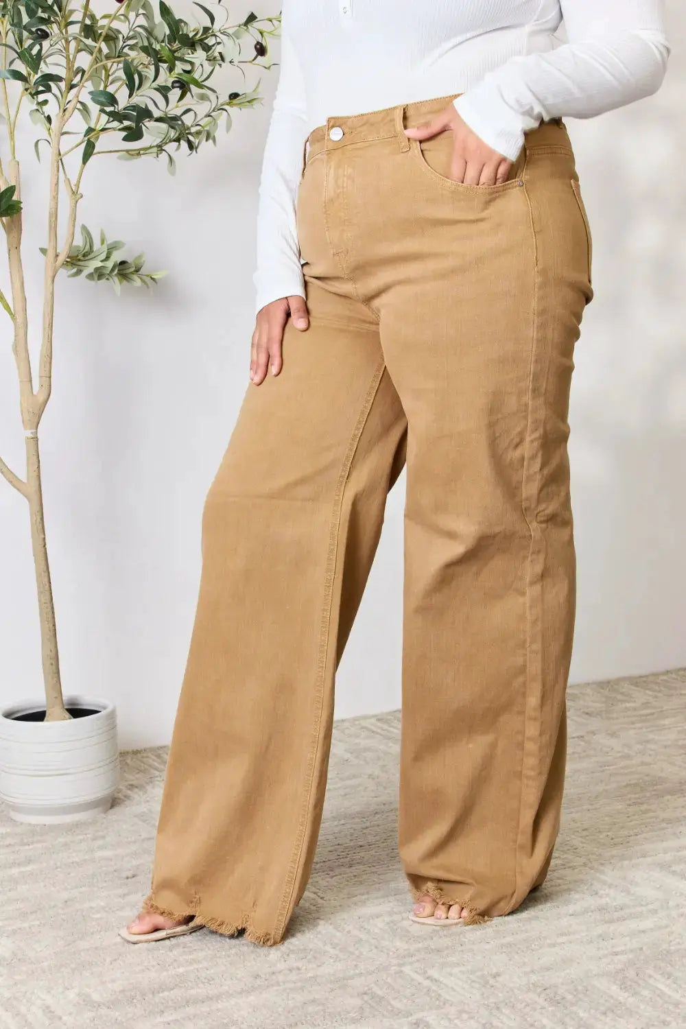RISEN Full Size Fringe Hem Wide Leg Jeans by RISEN
