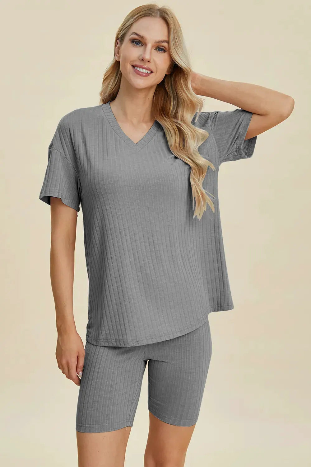 Basic Bae Full Size Ribbed V-Neck Short Sleeve Top and Shorts Set by Basic Bae
