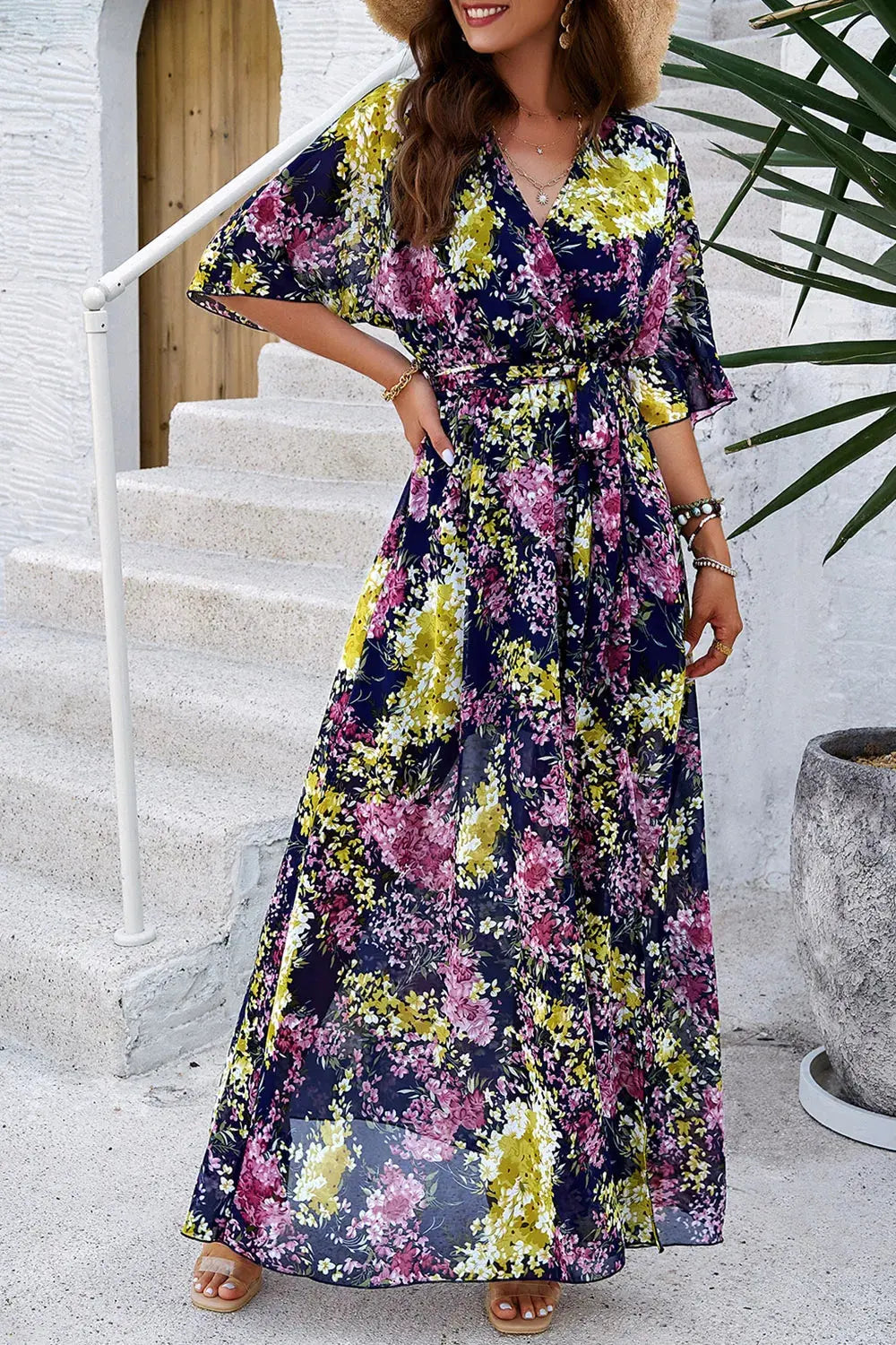 Devine Printed Tied Half Sleeve Slit Dress by Devine