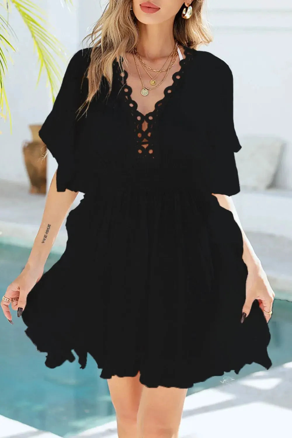 Ruffled Smocked Waist V-Neck Cover-Up by Partner Labels