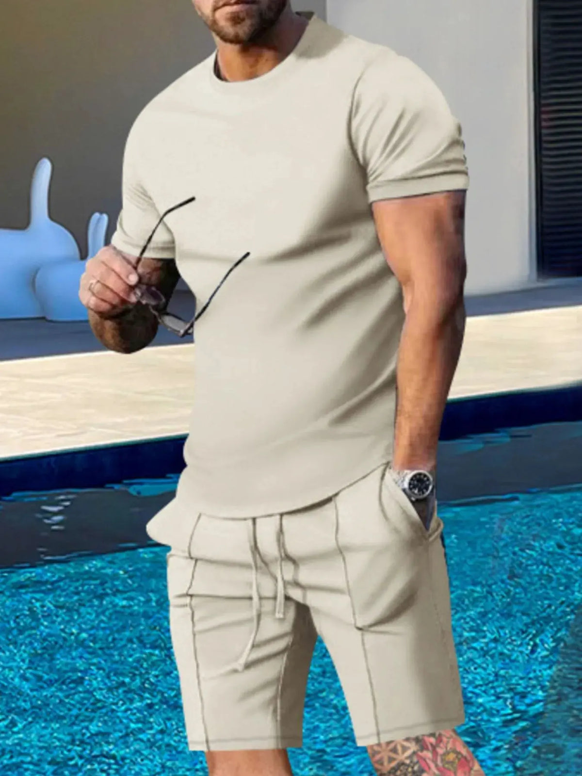 Men's Plus Size Round Neck Short Sleeve Top and Shorts Set by Trendsi