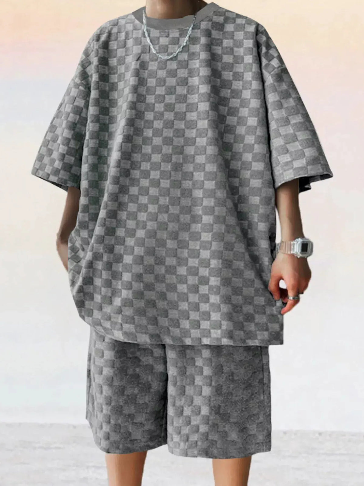 Men's Full Size Textured Short Sleeve Tee and Shorts Casual Set Plus Size by Trendsi