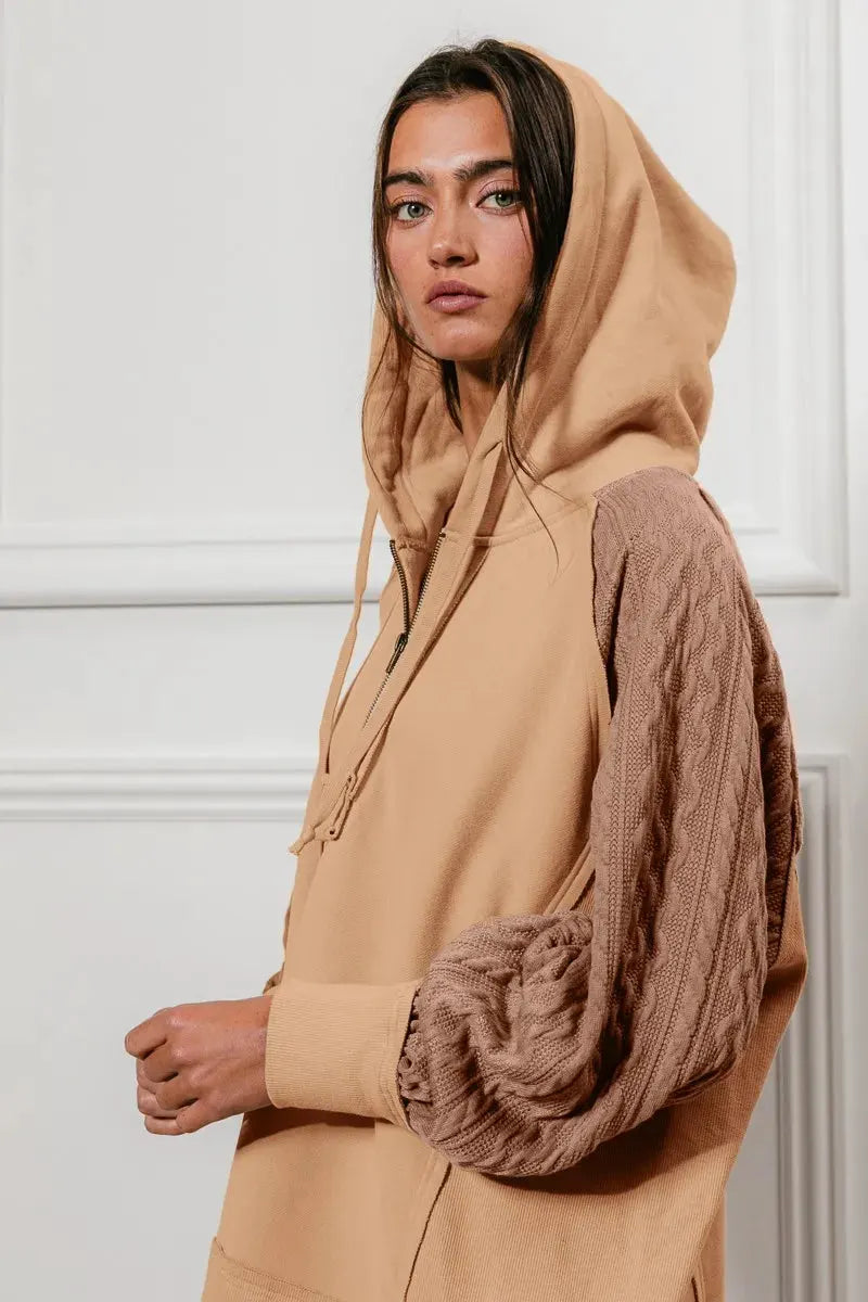 BiBi Half Zip French Terry Hoodie with Kint Sleeves by BiBi